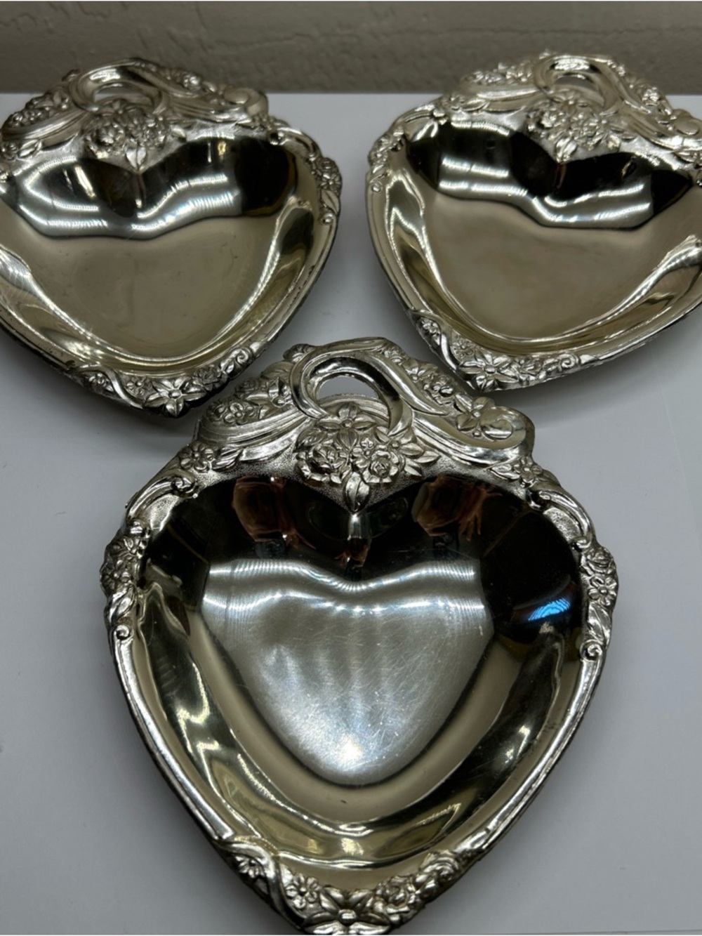 3 Raimond Japan Heart Shaped Candy Trinket Or Jewelry Dish Vintage Silver Plated